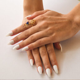 silver ring in gold finish with lapis lazuli for protection