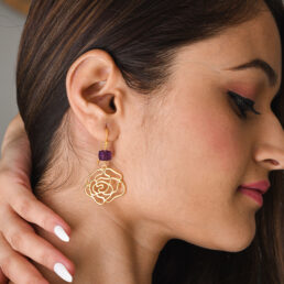 silver earrings in gold finish with amethyst for spiritual healing